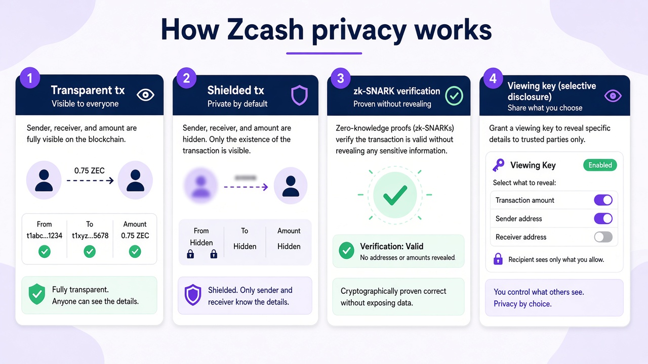 How Zcash privacy works: transparent transactions, shielded payments, zk-SNARK verification, and viewing-key selective disclosure.